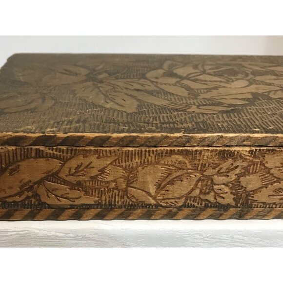 Wooden Trinket Scarf Box Vintage Hand Carved Floral Design Wood Burning Rustic - Picture 4 of 16